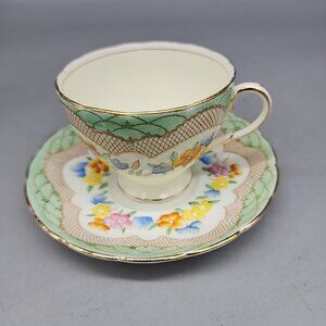 Foley Bone China Teacup & Saucer Light Green Edge, Gold Lattice & Floral